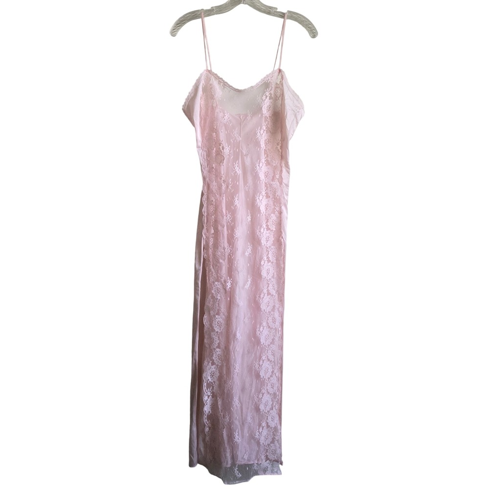 Vintage S Pink Maxi Nightgown Women Good Lace Mesh Spaghetti Strap Full Length - Picture 1 of 7